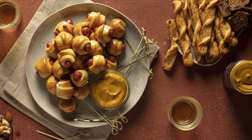 flaky sausages with spicy maple mustard