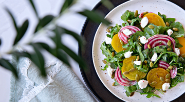 Yellow beet salad with goat cheese and maple dressing