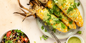 Grilled corn, chimichurri veganaise and spelt salad